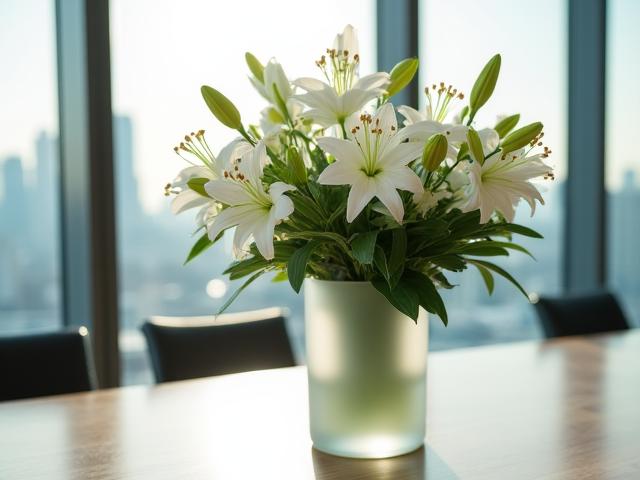 Minimalist floral arrangement in a crystal vase on a boardroom table