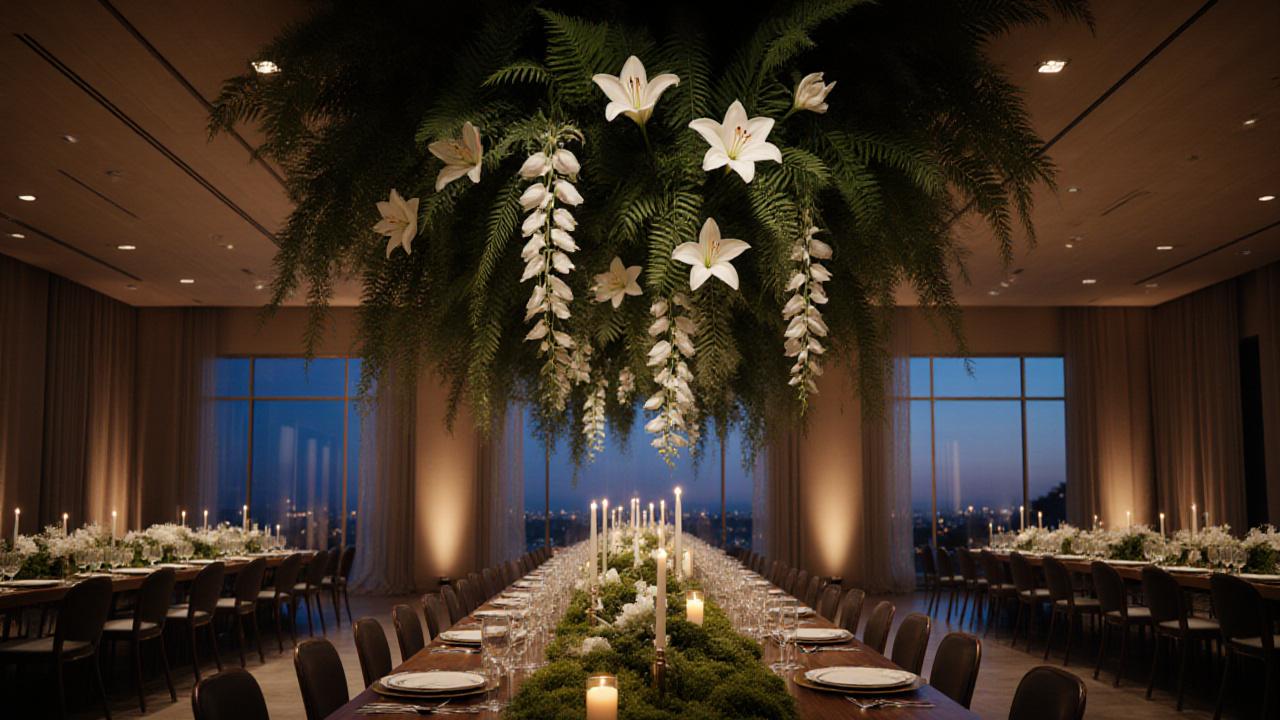 A massive floral installation above a long banquet table at a Beverly Hills gala