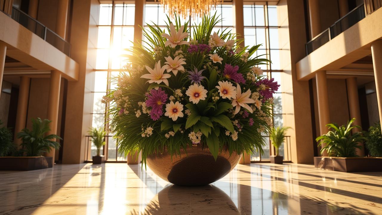 A grand hotel lobby featuring a massive sculptural floral arrangement by Feral Bloom