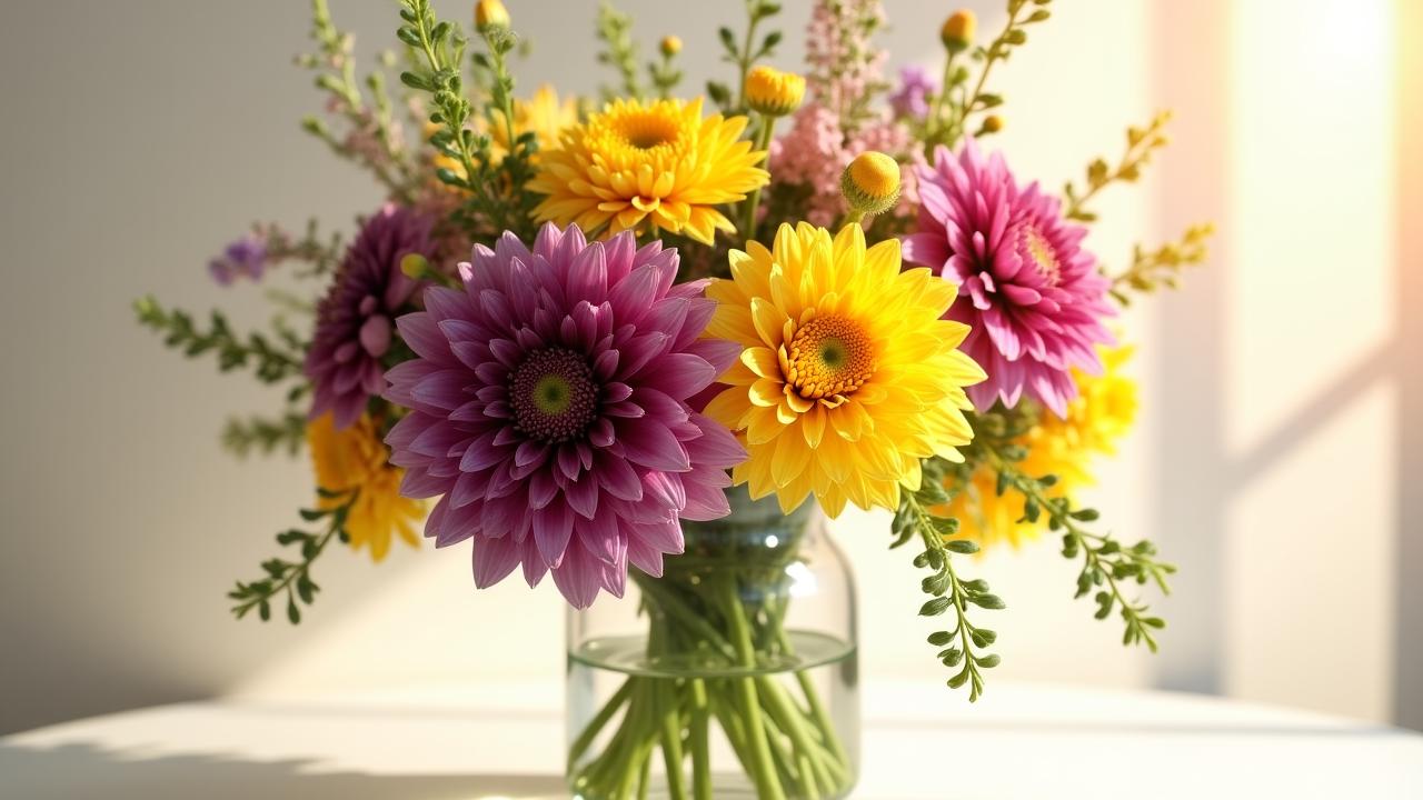 A vibrant, multi-colored floral arrangement featuring peonies and wildflowers on a clean light background